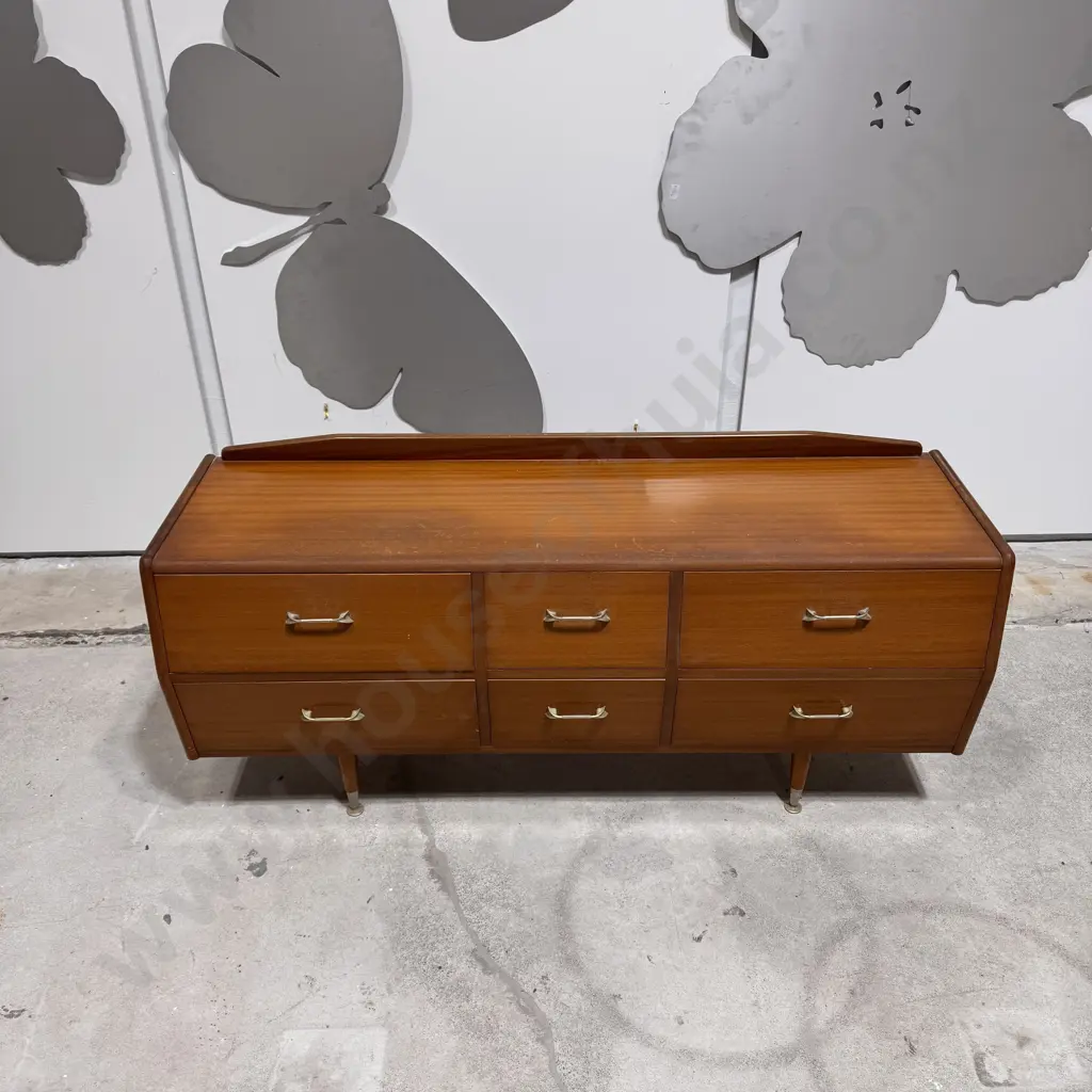 Vintage Mid Century Modern Teak Dresser w Six Drawers & Brass Toned Pulls on Wooden Tapered Legs Image 1++