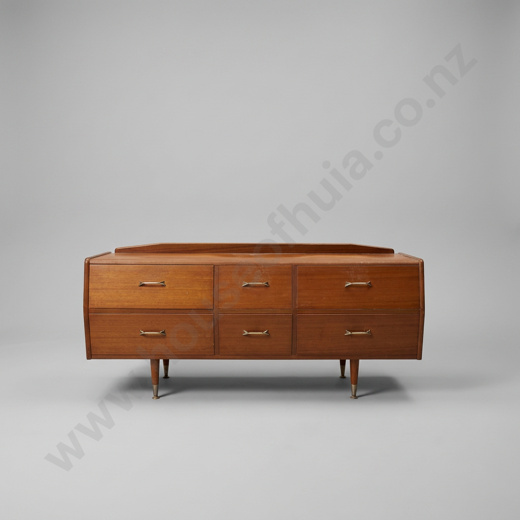 Vintage Mid Century Modern Teak Dresser w Six Drawers & Brass Toned Pulls on Wooden Tapered Legs Image 1++