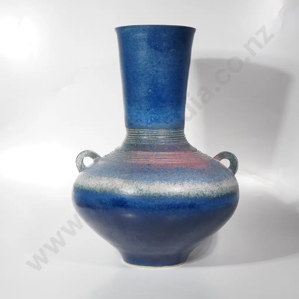 Attrib NZ Potter John Kalb Tall Stoneware Vase in Blue Tones Image 1++