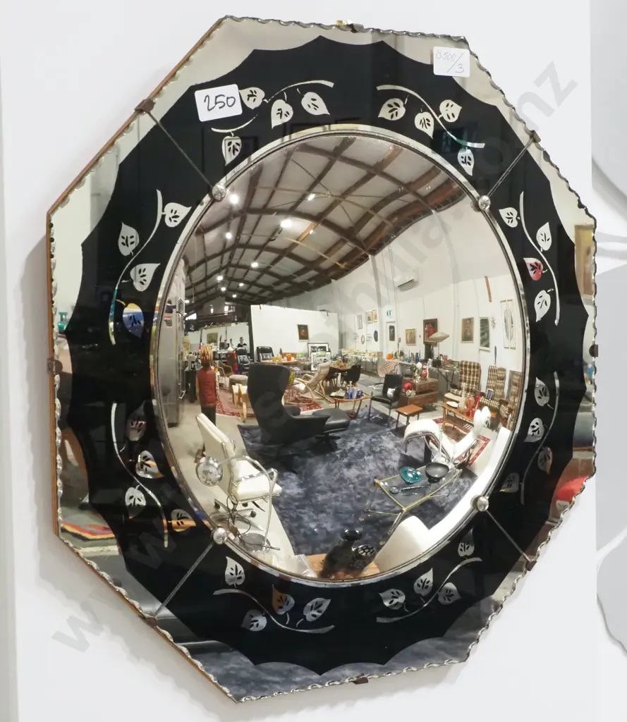 Vintage Convex Circular Wall Mirror w Black & Mirrored Leaf Detail Image 1++