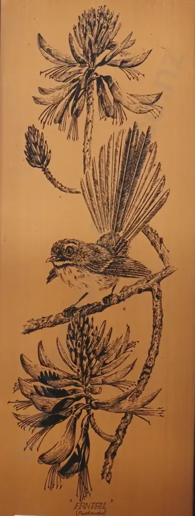 Vintage Copper Craft Ltd NZ  Plaque featuring a Fantail In Flora, Signed Gary Roberts '73 Image 1++
