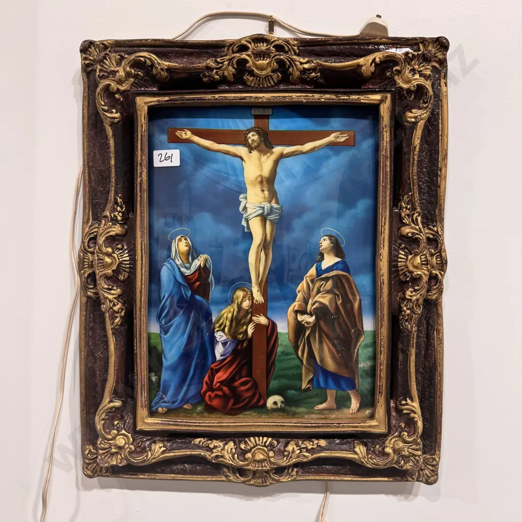Vintage Electric Light House Framed Print of The Crucifixion w Mourning Figures Titled ' Foot of the Cross' Image 1++