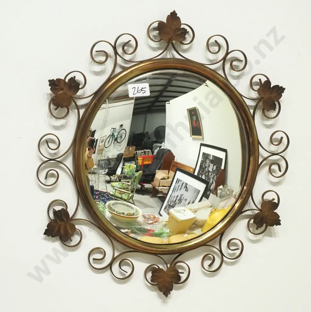 Vintage Convex Mirror w Intricate Gilt Metal Frame w Leaf & Scroll Detail Image 1++