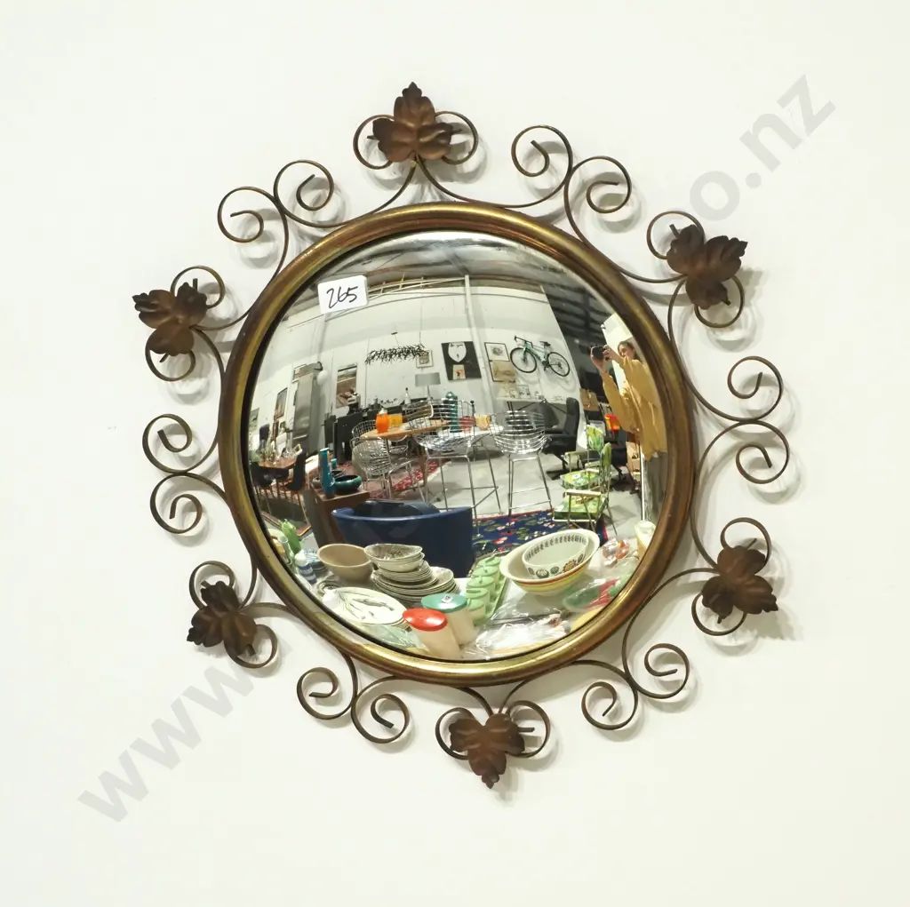 Vintage Convex Mirror w Intricate Gilt Metal Frame w Leaf & Scroll Detail Image 1++