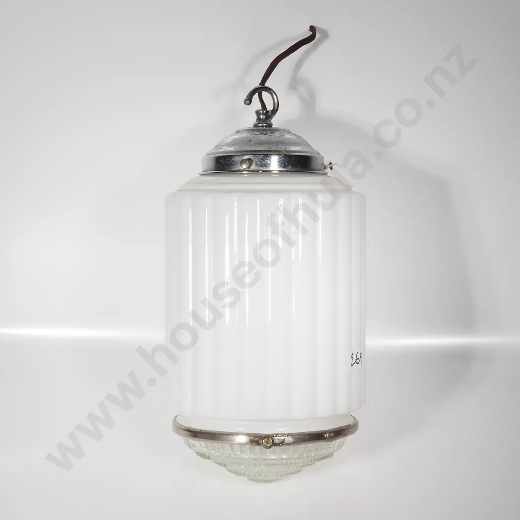 Vintage Art Deco Skyscraper Pendant Light w Ribbed Glass Cylinder & Clear Glass Infuser Image 1++