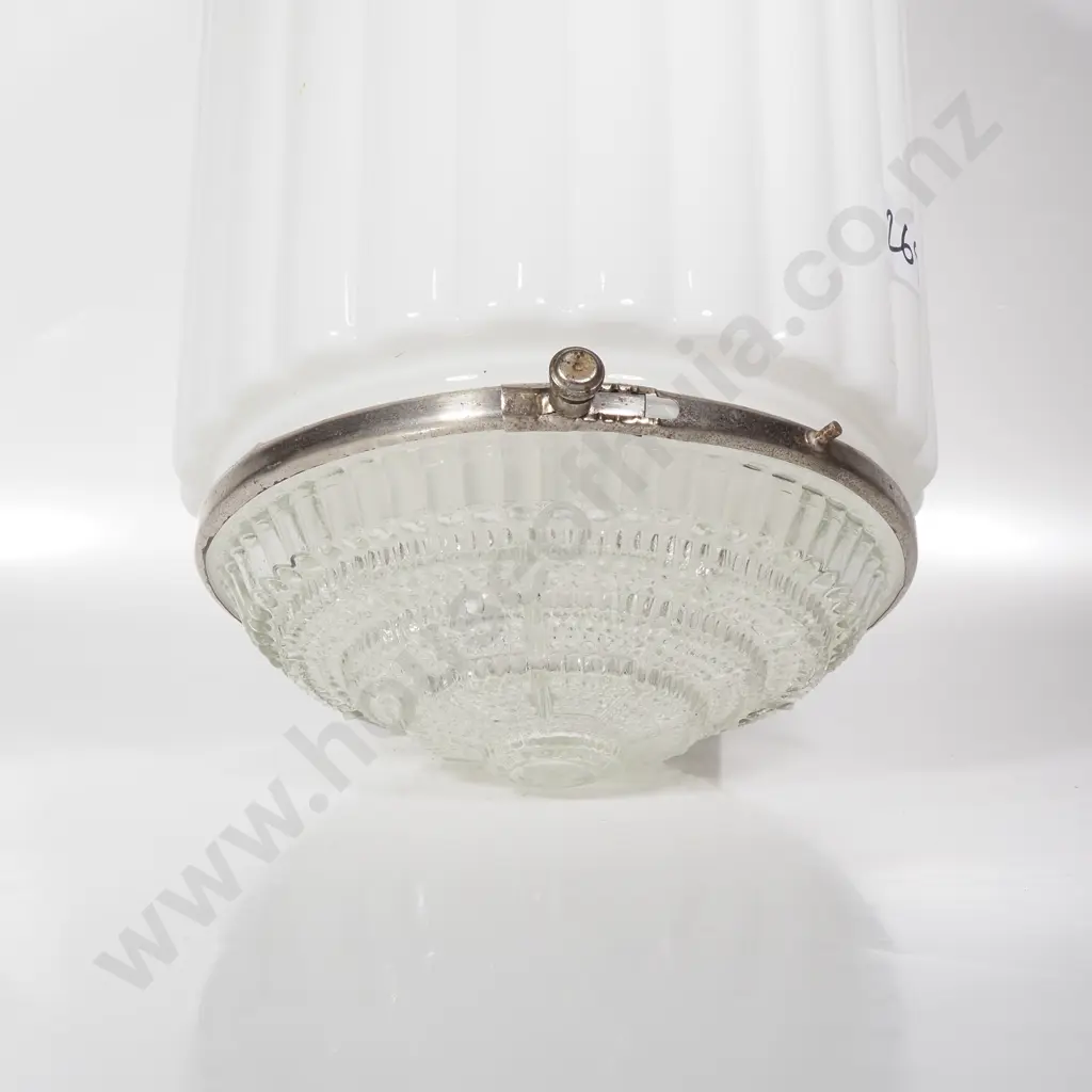Vintage Art Deco Skyscraper Pendant Light w Ribbed Glass Cylinder & Clear Glass Infuser Image 1++