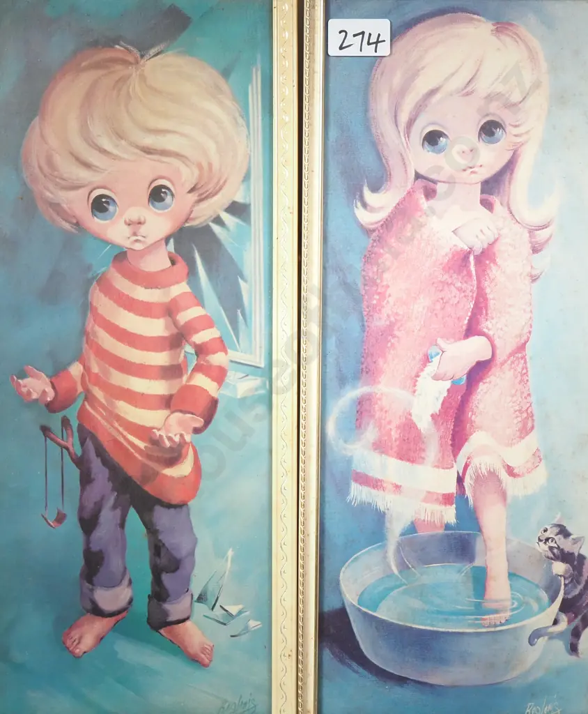 Two  Vintage 1960s 'Big Eyes' Kitsch Art Print by Artist Reg Lewis Image 1++
