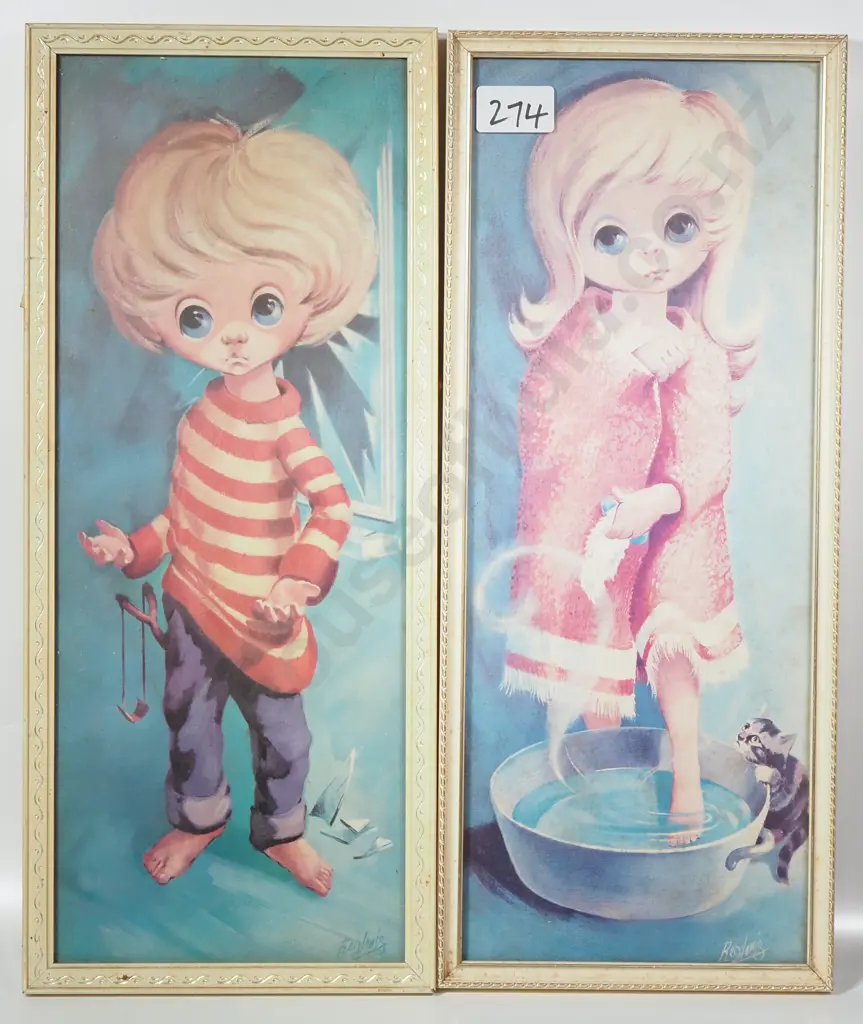 Two  Vintage 1960s 'Big Eyes' Kitsch Art Print by Artist Reg Lewis Image 1++