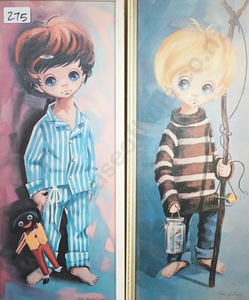 Two  Vintage 1960s 'Big Eyes' Kitsch Art Print by Artist D Golding Image 1++