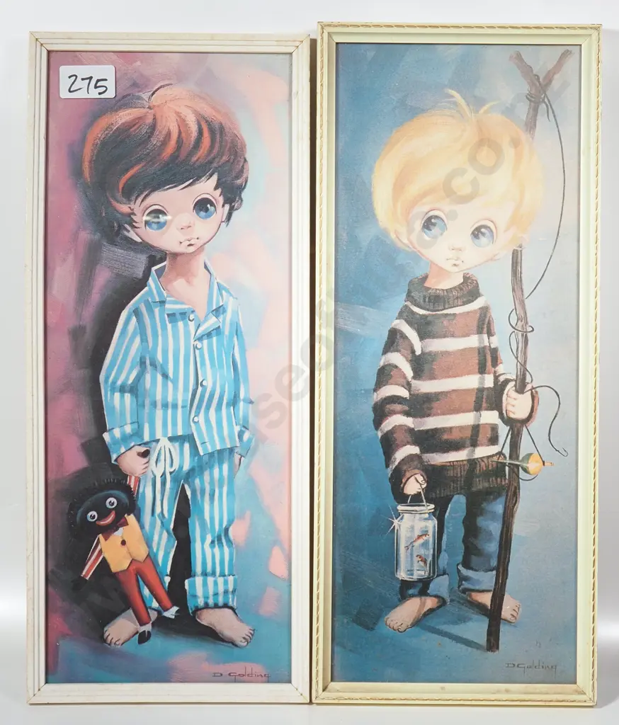 Two  Vintage 1960s 'Big Eyes' Kitsch Art Print by Artist D Golding Image 1++