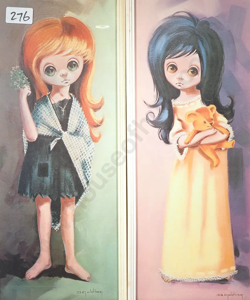 Two  Vintage 1960s 'Big Eyes' Kitsch Art Print by Artist D Golding Image 1++
