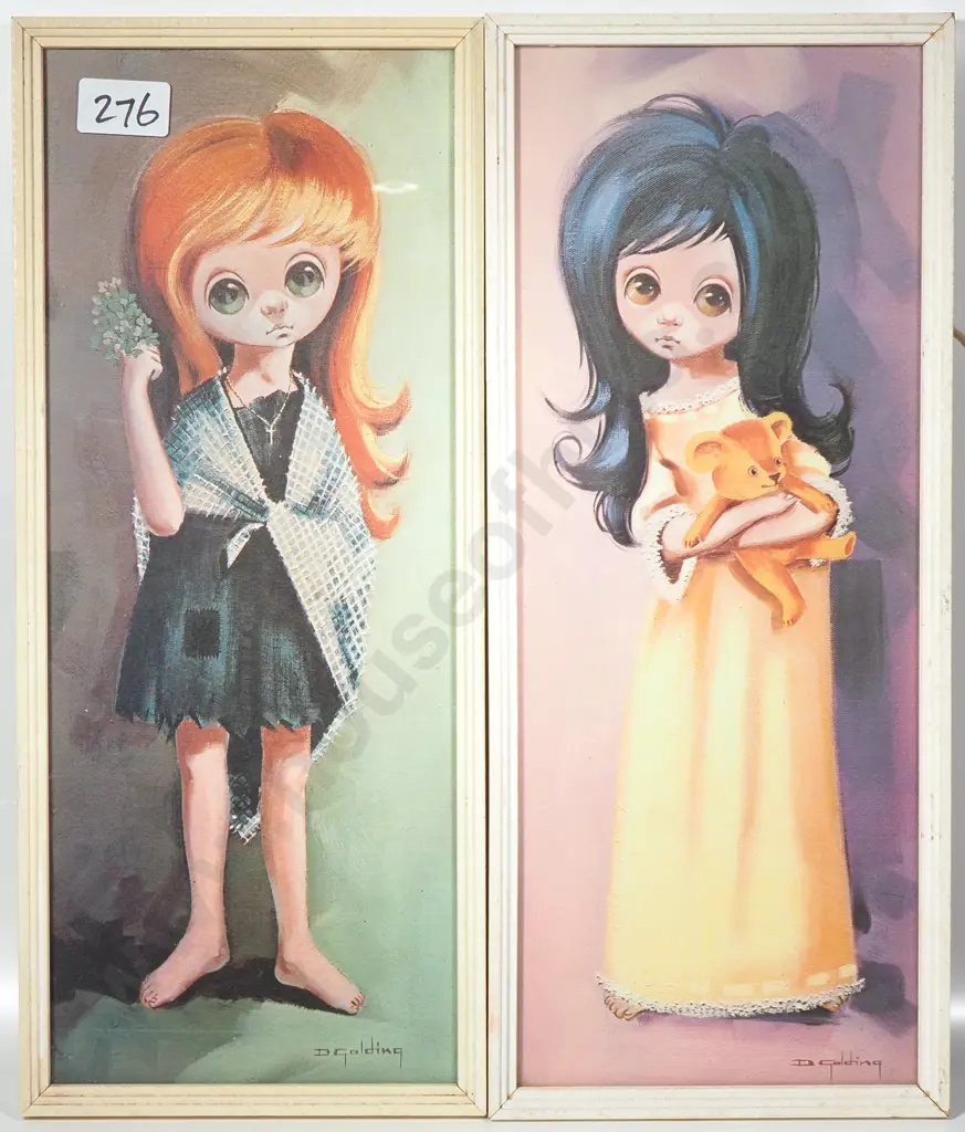 Two  Vintage 1960s 'Big Eyes' Kitsch Art Print by Artist D Golding Image 1++