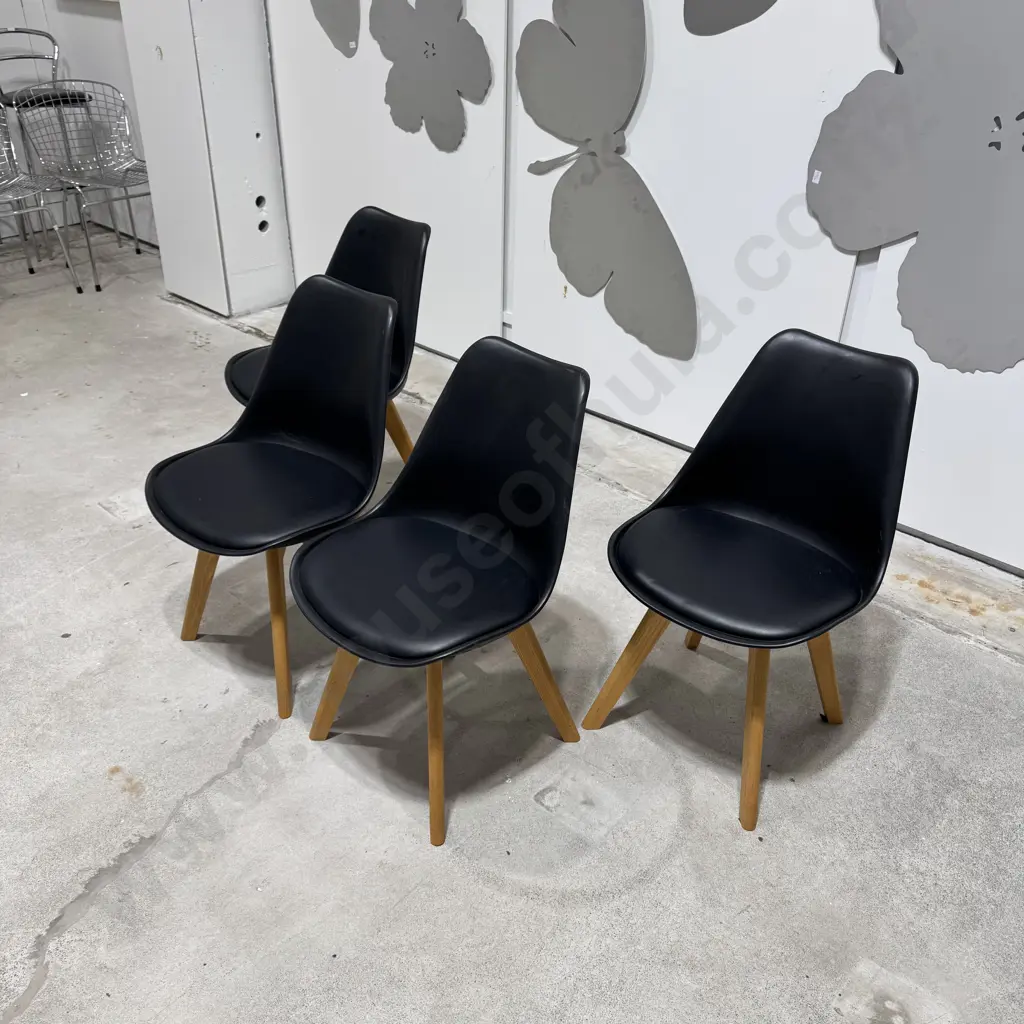 Four Mid Century Modern Dining Chairs w Black PU Sculpted Seat & Solid Timber Legs Image 1++