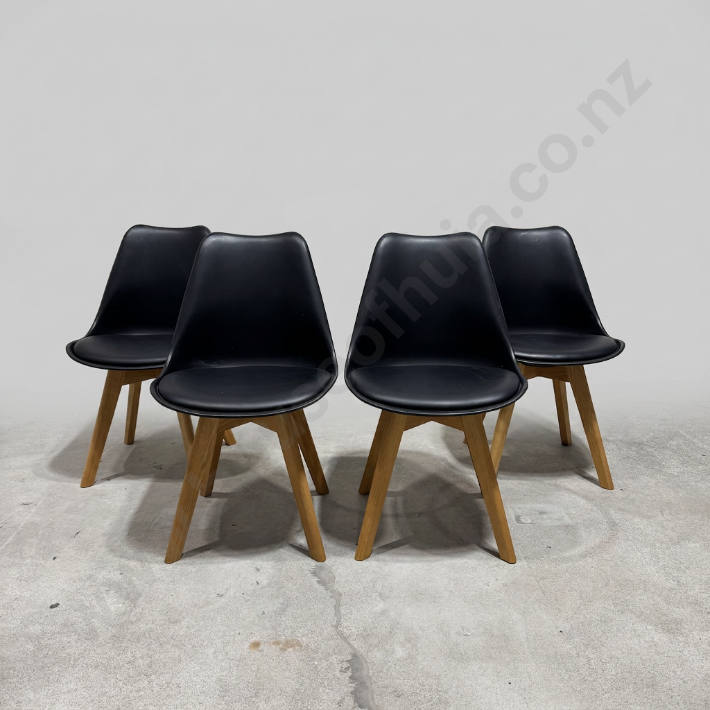 Four Mid Century Modern Dining Chairs w Black PU Sculpted Seat & Solid Timber Legs Image 1++