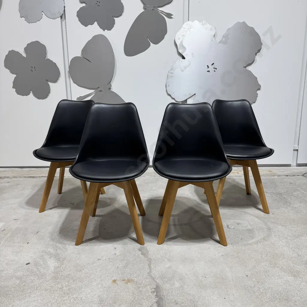 Four Mid Century Modern Dining Chairs w Black PU Sculpted Seat & Solid Timber Legs Image 1++