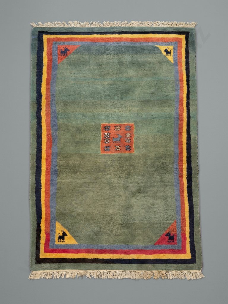 Vintage Mid Century Rug, Possibly Mongolian w Colourful Geometric Stripe Design & Animal Motif Image 1++