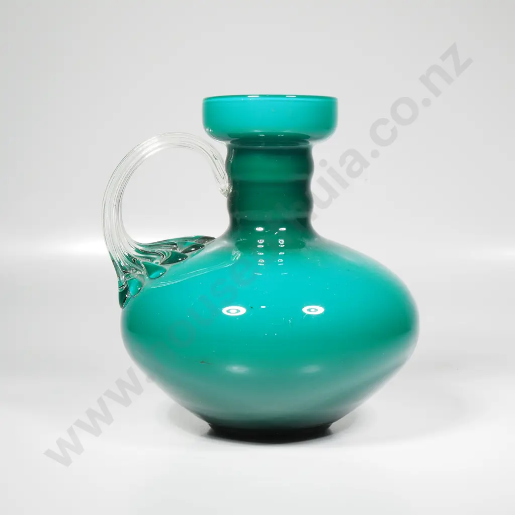 Mid Century Modern  Italian Empoli Turquoise Glass Vase w Celery Style Clear Glass Handle Image 1++