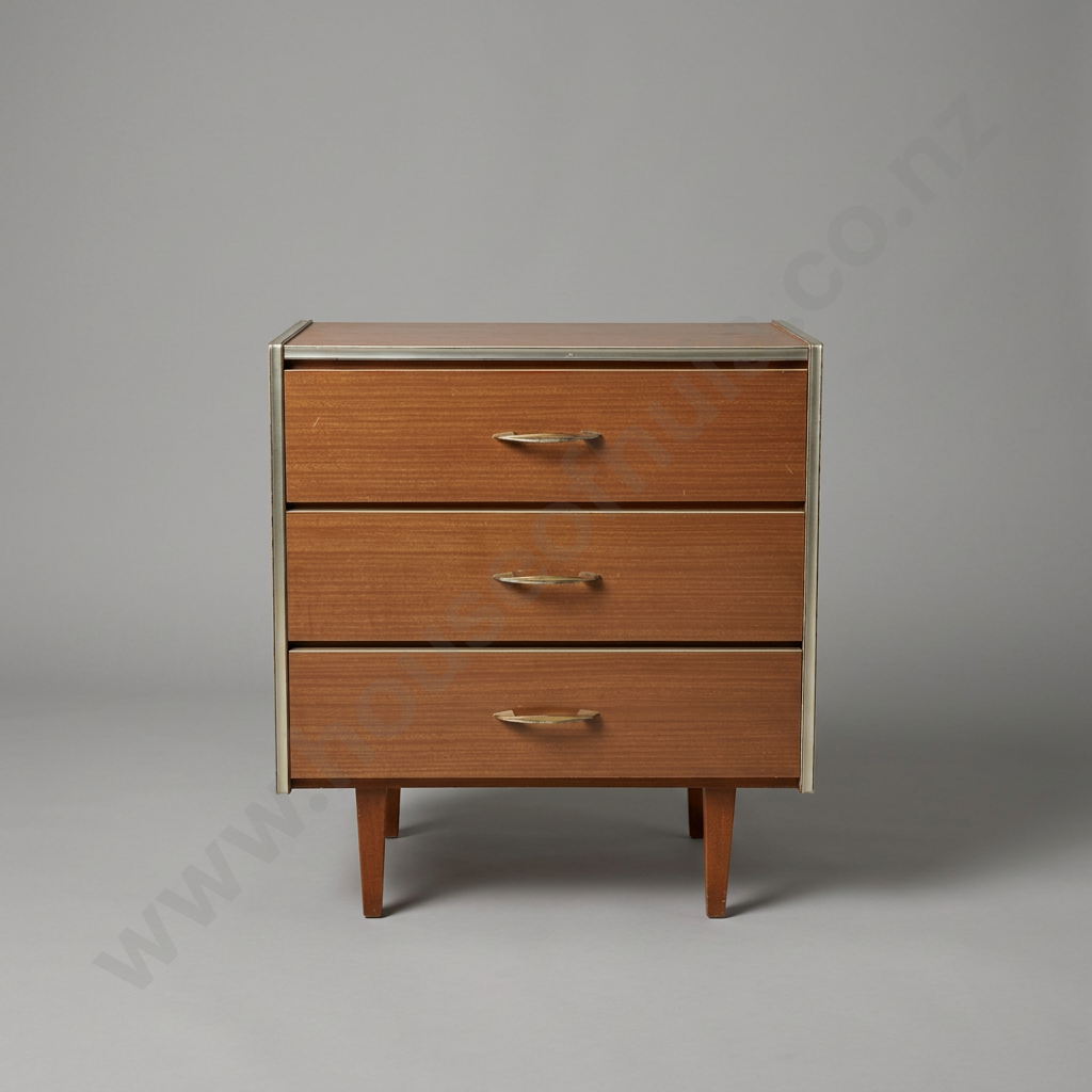 Vintage Retro Wood Grain Laminate Three Drawer Bedside Cabinet  w Metal Pulls &  Trim Image 1++