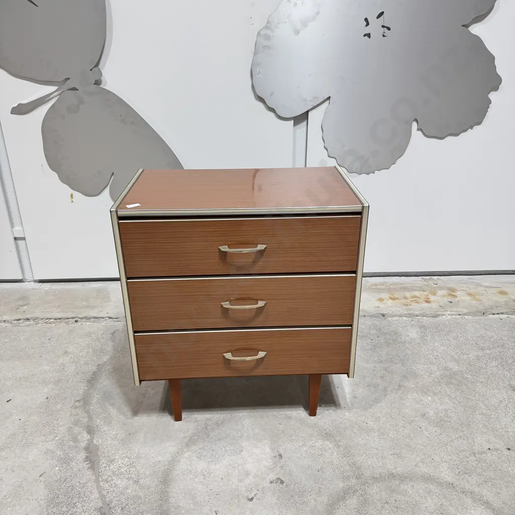 Vintage Retro Wood Grain Laminate Three Drawer Bedside Cabinet  w Metal Pulls &  Trim Image 1++