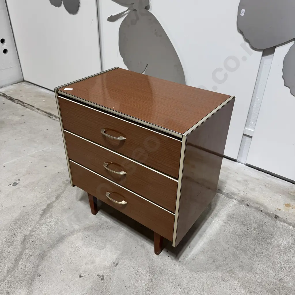 Vintage Retro Wood Grain Laminate Three Drawer Bedside Cabinet  w Metal Pulls &  Trim Image 1++