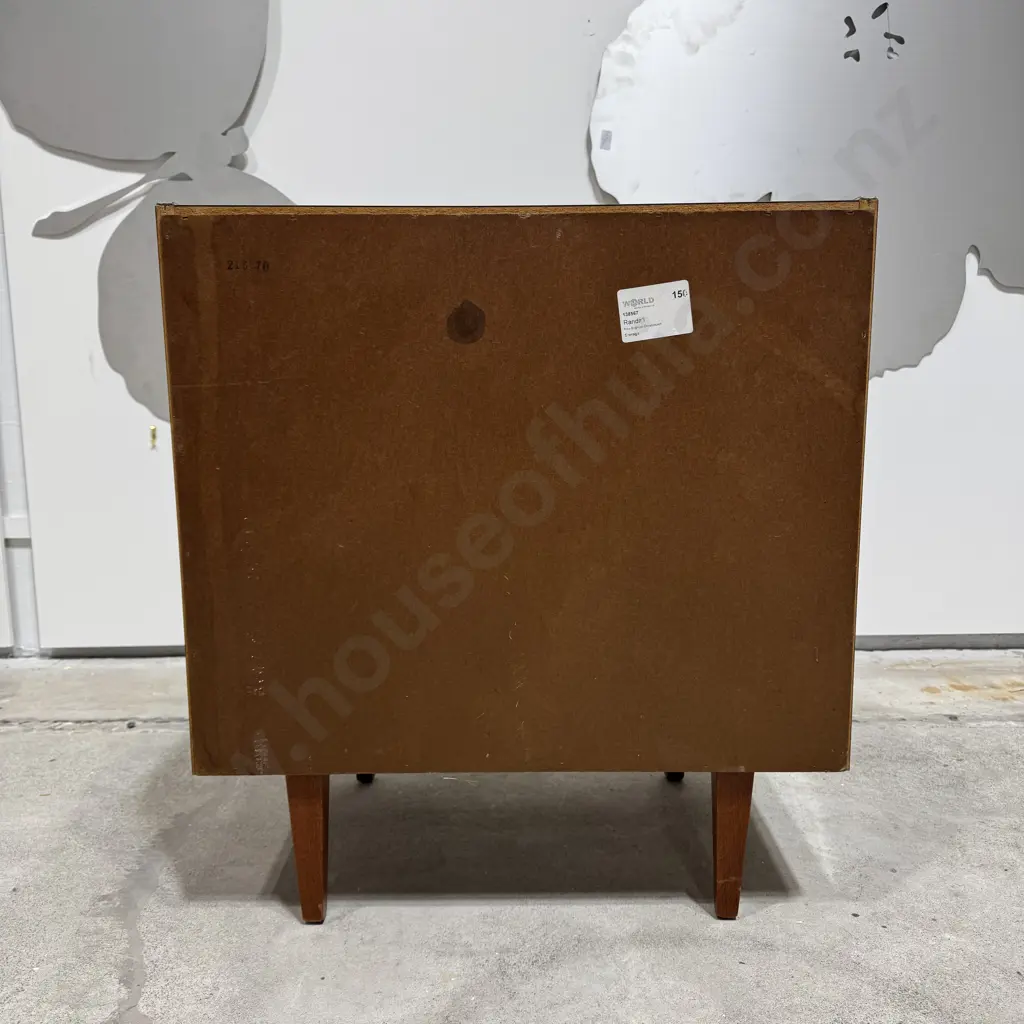 Vintage Retro Wood Grain Laminate Three Drawer Bedside Cabinet  w Metal Pulls &  Trim Image 1++