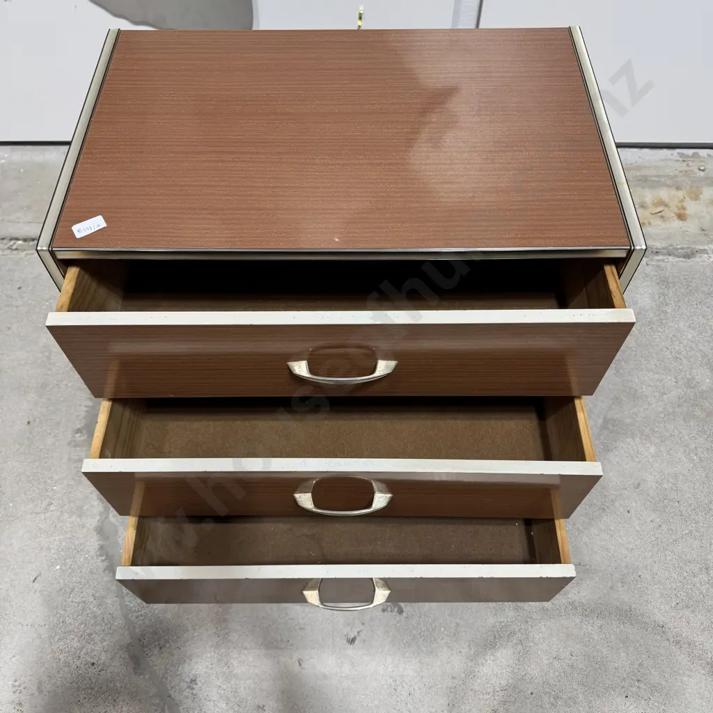 Vintage Retro Wood Grain Laminate Three Drawer Bedside Cabinet  w Metal Pulls &  Trim Image 1++