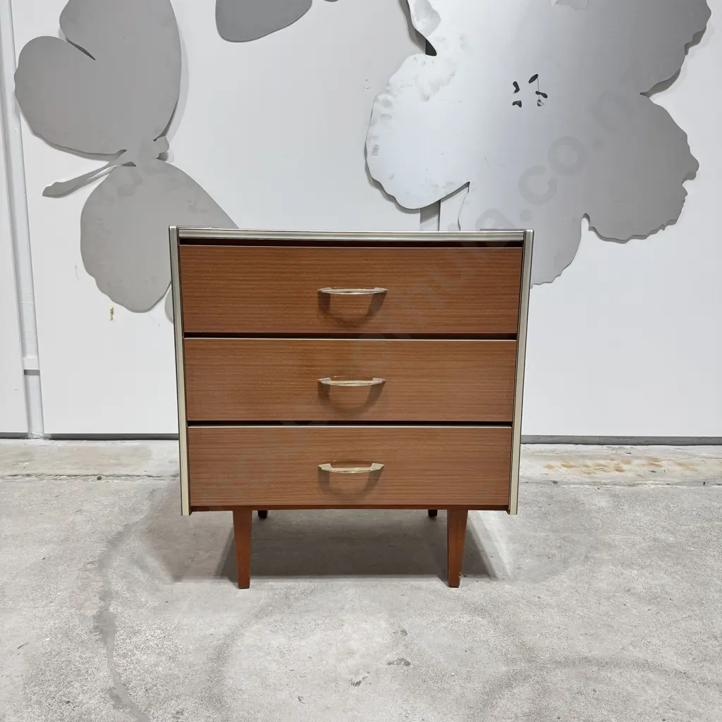 Vintage Retro Wood Grain Laminate Three Drawer Bedside Cabinet  w Metal Pulls &  Trim Image 1++