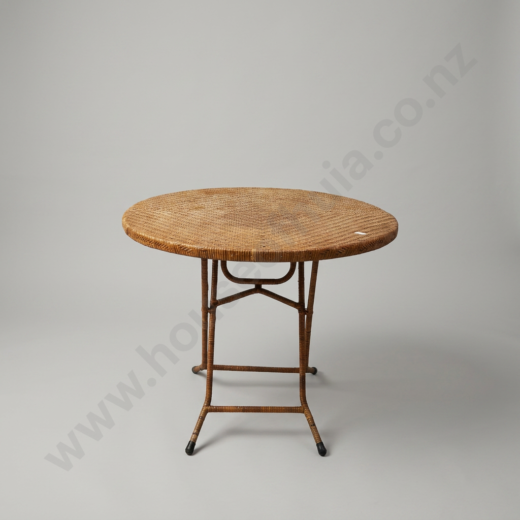 Vintage Round Woven Rattan Folding Table w Herringbone Design Image 1++