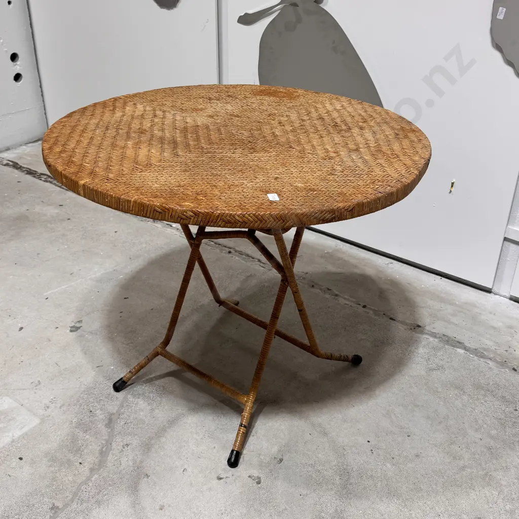Vintage Round Woven Rattan Folding Table w Herringbone Design Image 1++