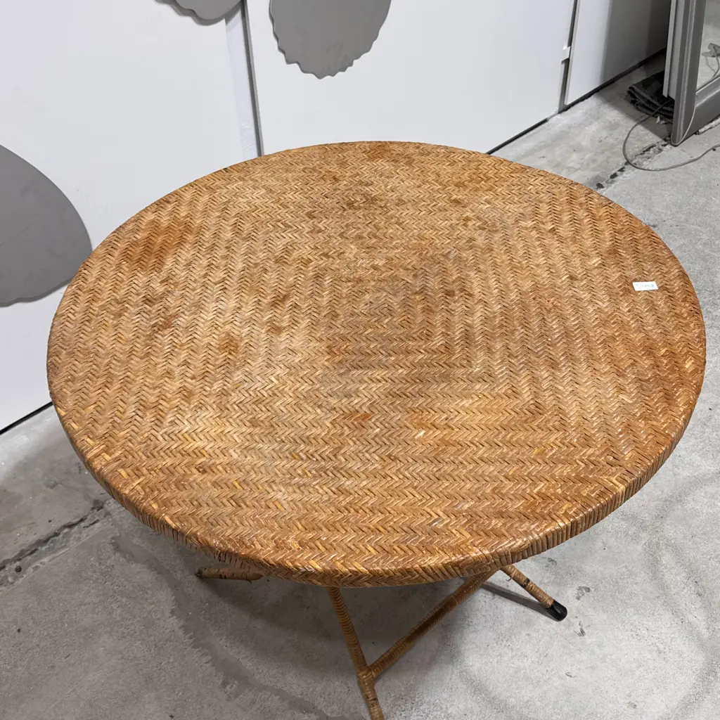 Vintage Round Woven Rattan Folding Table w Herringbone Design Image 1++