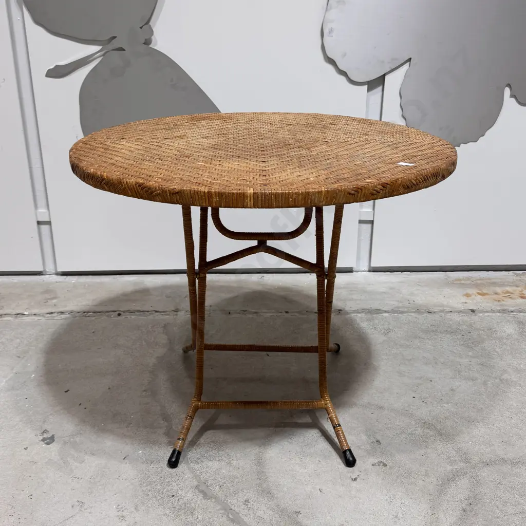 Vintage Round Woven Rattan Folding Table w Herringbone Design Image 1++