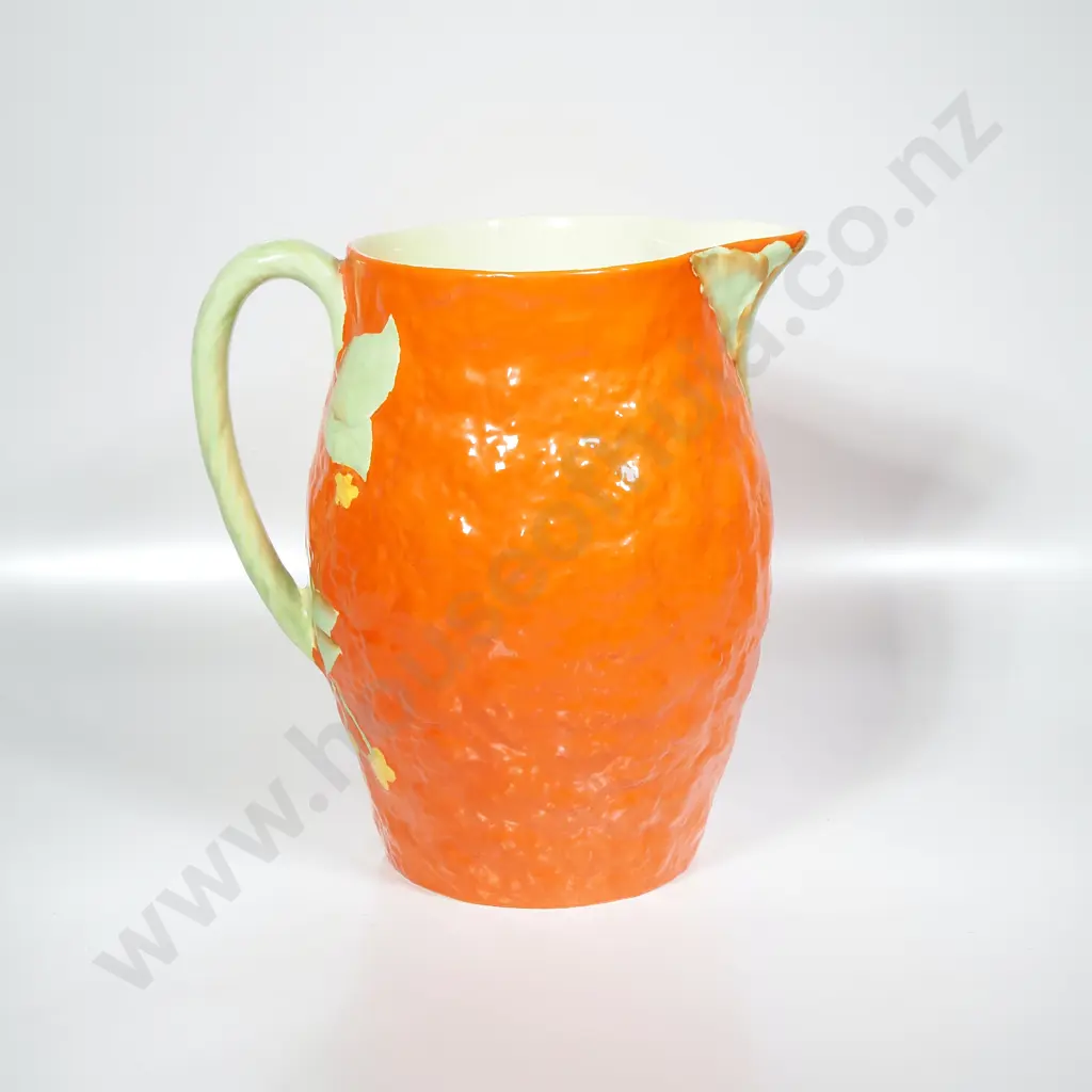 Large Vintage Crown Devon Mid Century Orange Jug w Molded Green Handles & an Orange Peel Surface Image 1++