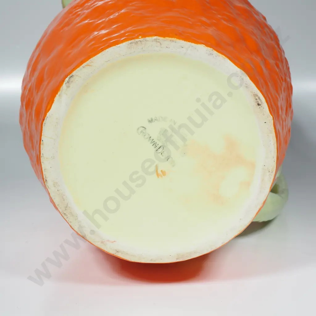 Large Vintage Crown Devon Mid Century Orange Jug w Molded Green Handles & an Orange Peel Surface Image 1++