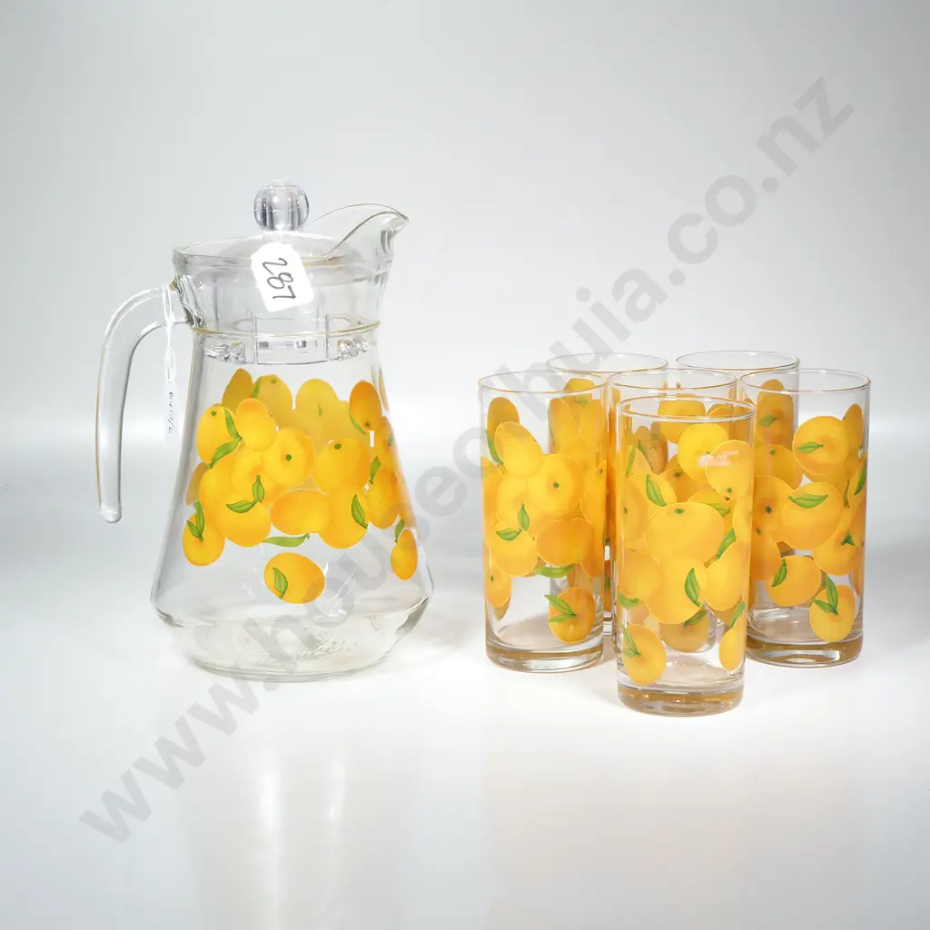 Vintage Luminarc  Lemonade Set including Covered Jug & Six Hi-Ball Lemonade Glasses & Decorated w Lemons/Oranges Image 1++