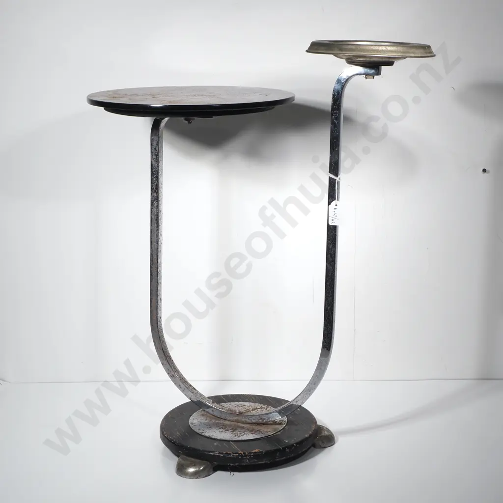 Art Deco Black Glass & Chrsome Side Table w Built in Ashtray Image 1++