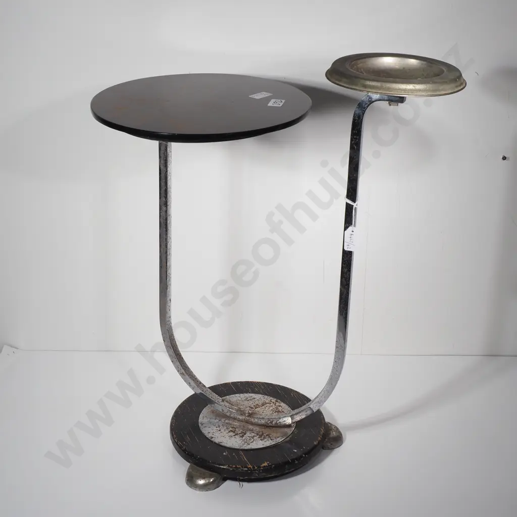Art Deco Black Glass & Chrsome Side Table w Built in Ashtray Image 1++