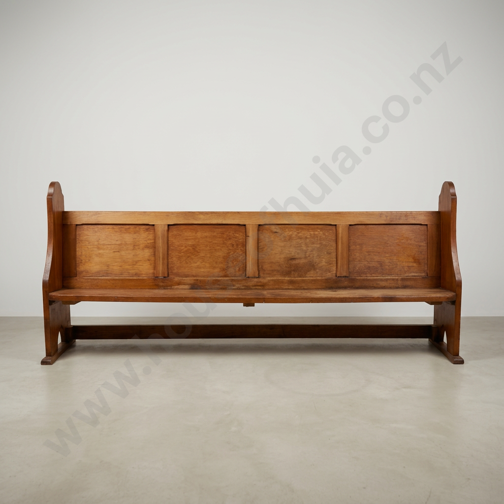 Vintage Pine Church Pew w Solid Seat, Panelled Backrest & Scrolled Silhouette Arms Image 1++