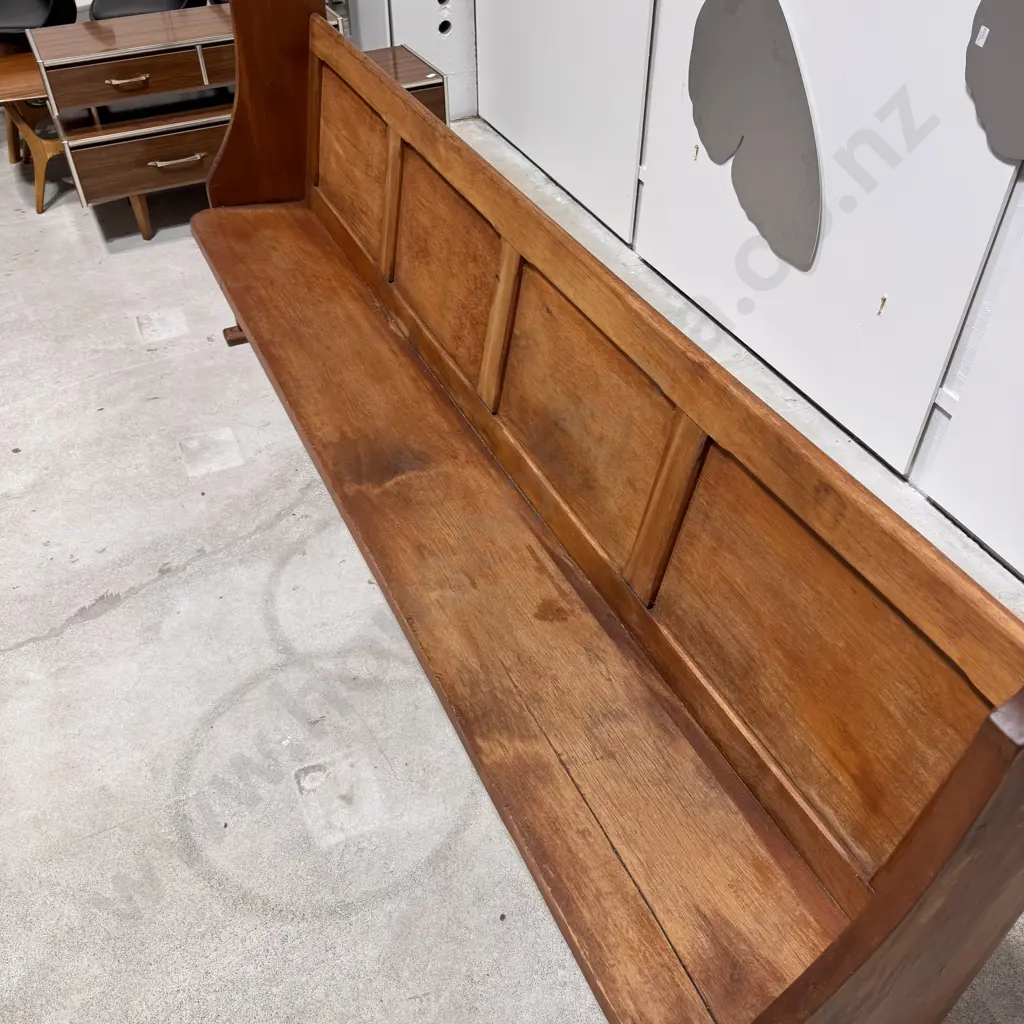 Vintage Pine Church Pew w Solid Seat, Panelled Backrest & Scrolled Silhouette Arms Image 1++
