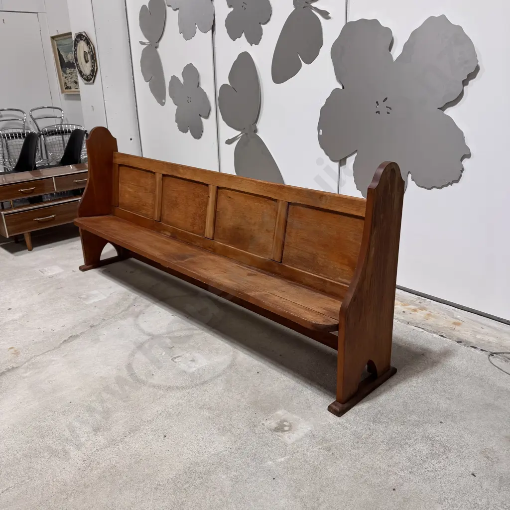 Vintage Pine Church Pew w Solid Seat, Panelled Backrest & Scrolled Silhouette Arms Image 1++