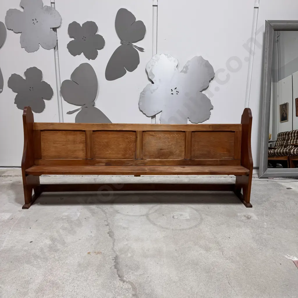 Vintage Pine Church Pew w Solid Seat, Panelled Backrest & Scrolled Silhouette Arms Image 1++