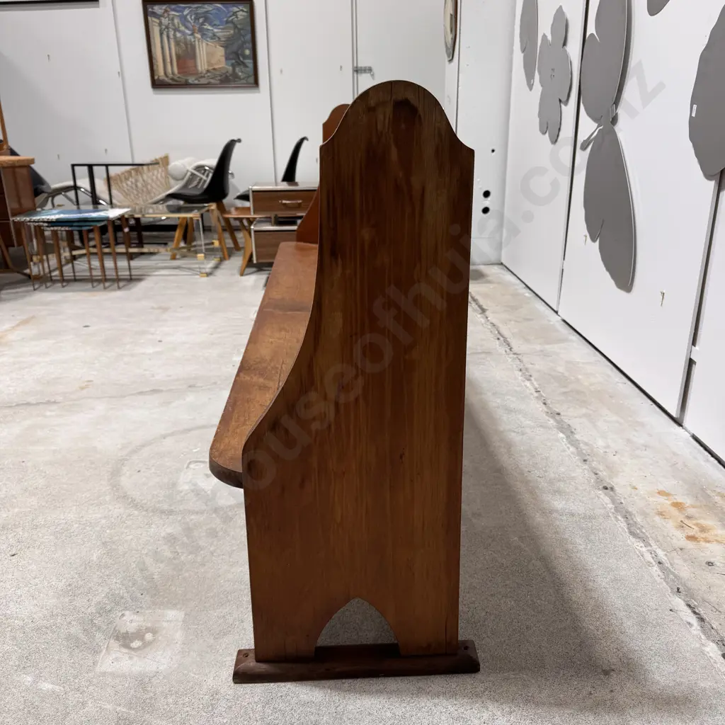 Vintage Pine Church Pew w Solid Seat, Panelled Backrest & Scrolled Silhouette Arms Image 1++