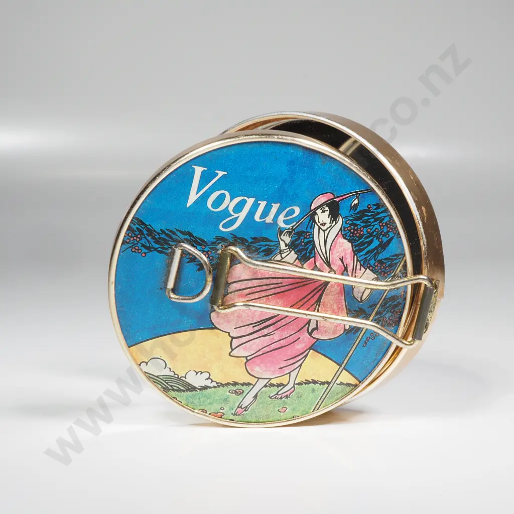 Vintage Vogue Pocket or Compact Make Up Mirror w an Art Deco Style Magazine Illustration in a Gold Tone Case Image 1++