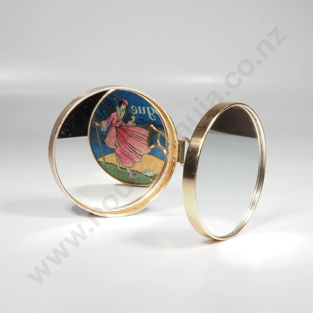 Vintage Vogue Pocket or Compact Make Up Mirror w an Art Deco Style Magazine Illustration in a Gold Tone Case Image 1++