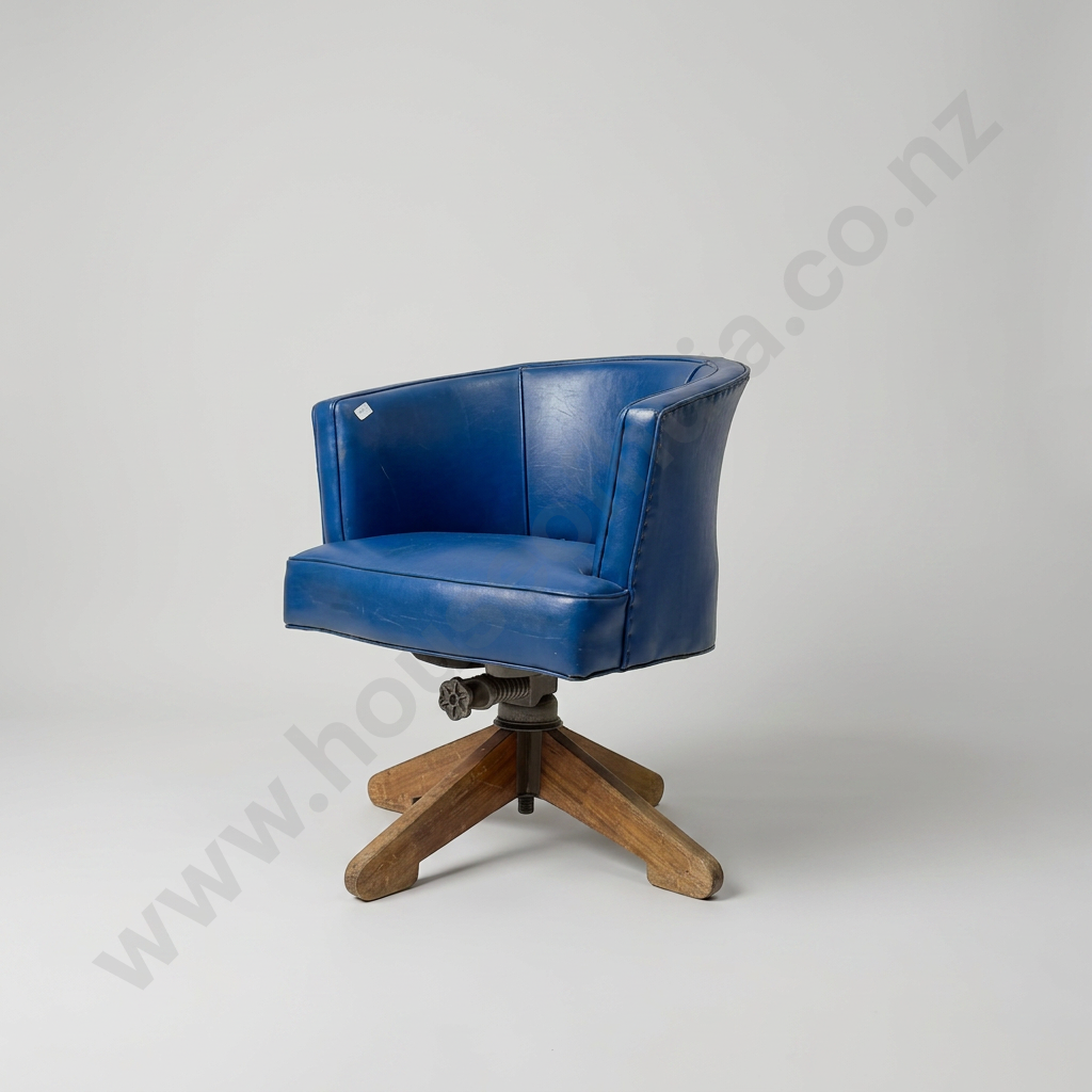 Barrel Back Swivel Office Chair  Upholstered in Blue Vinyl on Wooden Legs Image 1++