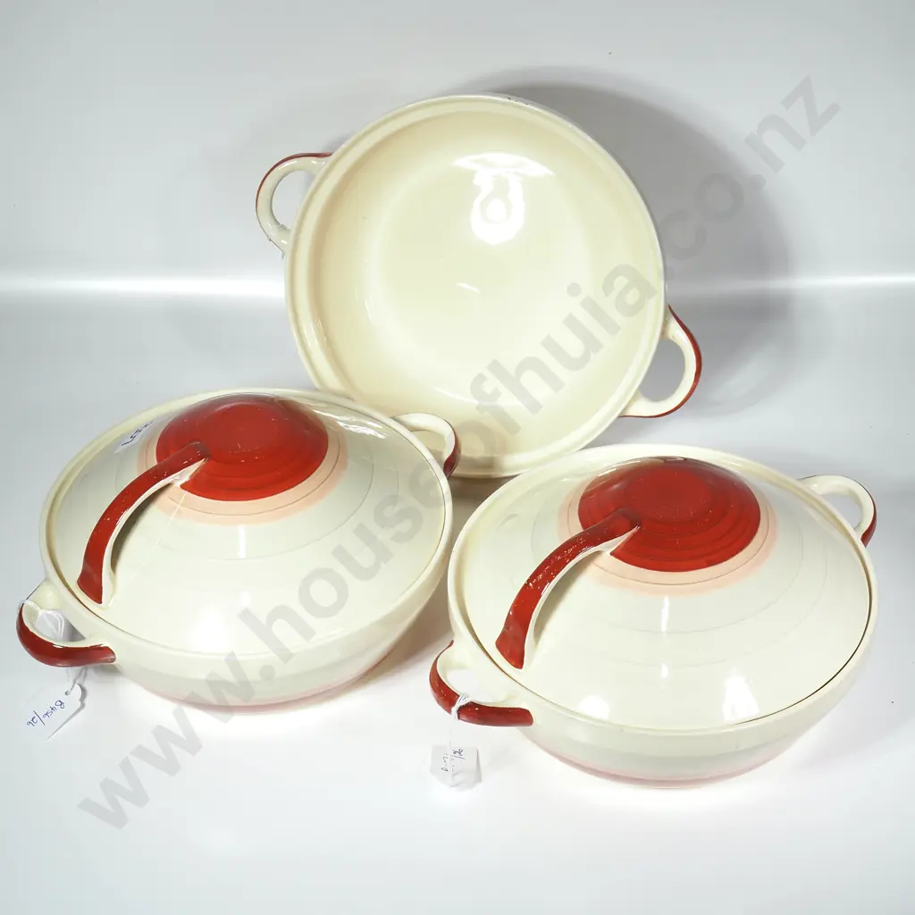 Three Susie Cooper Art Deco Kestrel Shaped Tureens in the Red, Rust & Grey Wedding Band Pattern, Only Two w  Lids Image 1++