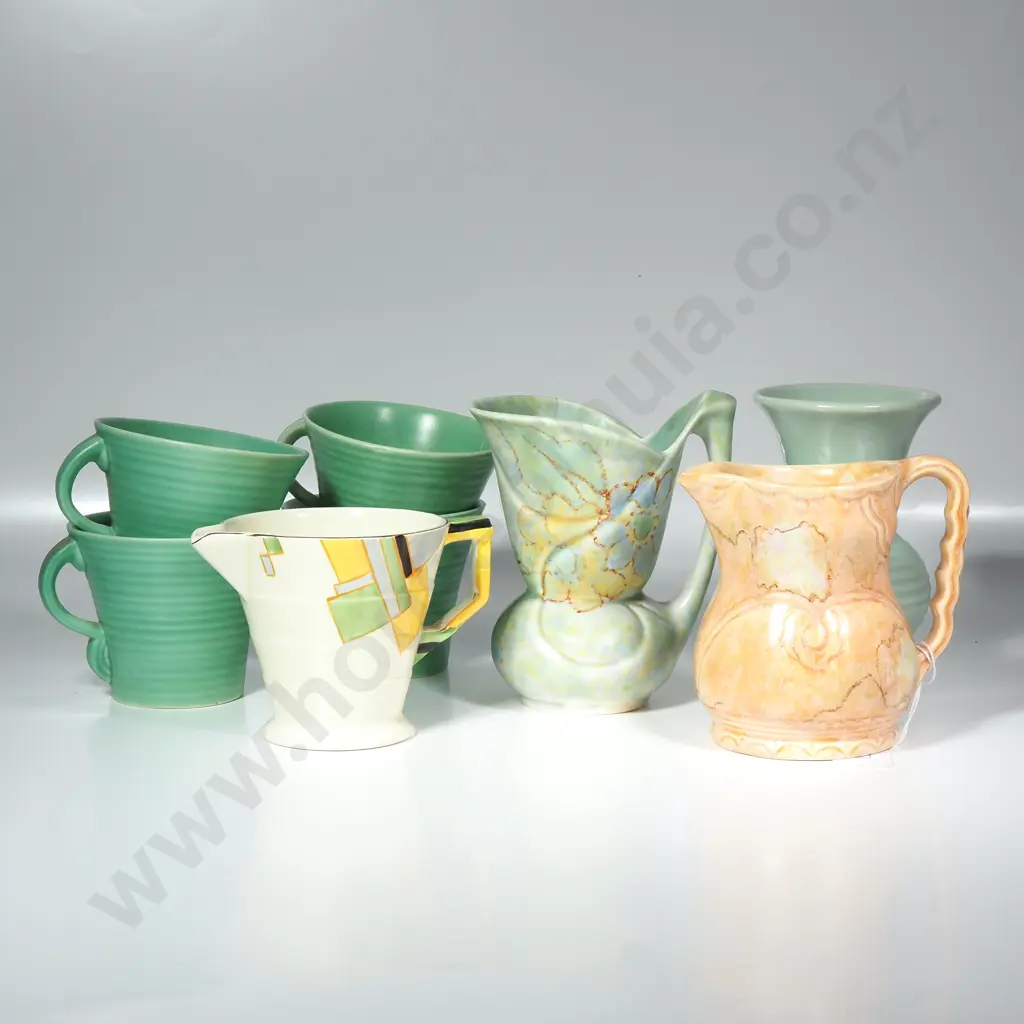 Beswick Jug No. 667 w Ribbed Handle & Drip Glaze  & A Pale Green Ribbed Vase, Circa 1940 Image 1++