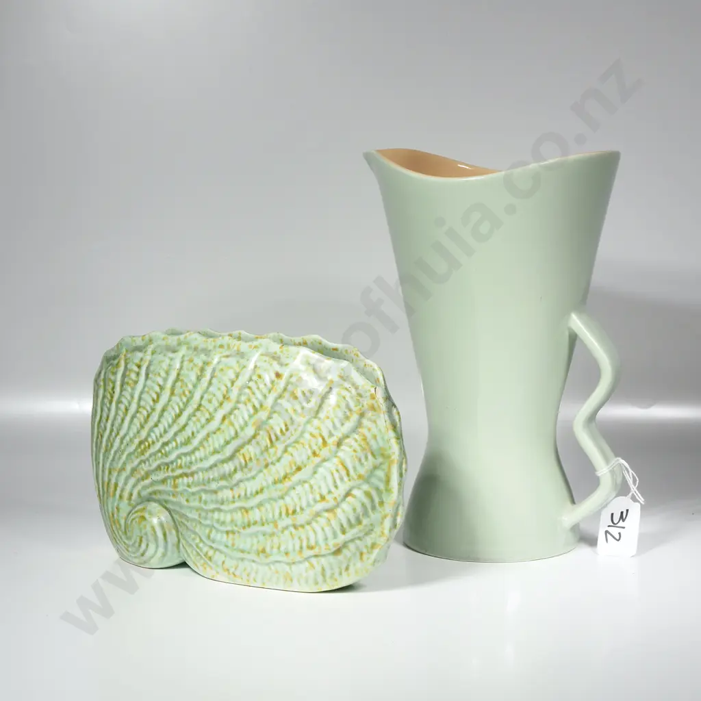 Shorter Ware Shell Vase w Green & Yellow  Glaze & a 1950s Jug w Sage Green Exterior & Stylized Geometric Handles (a/f) Image 1++