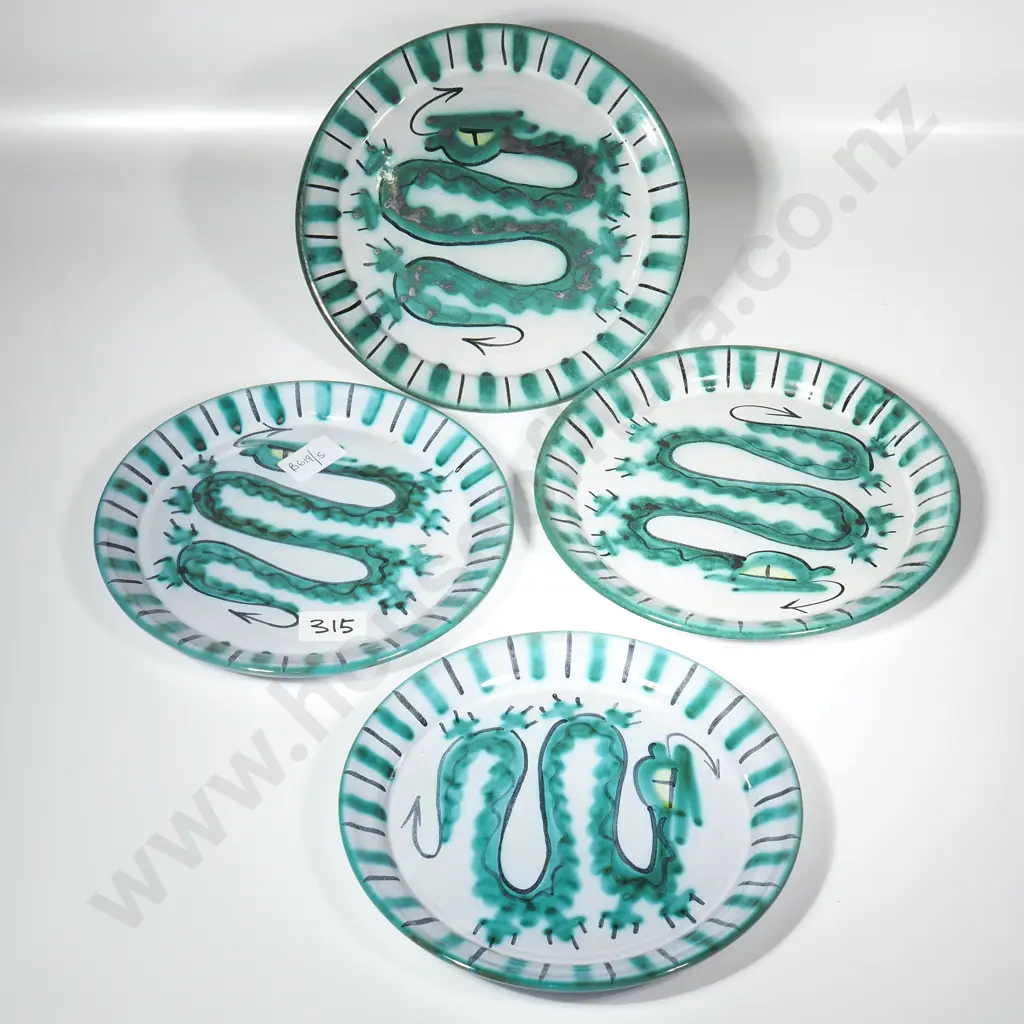 Four Tintagel Studio Pottery Plates Hand Painted w Green Dragon Motif, Created in 1948 by a Norwegian Potter Image 1++