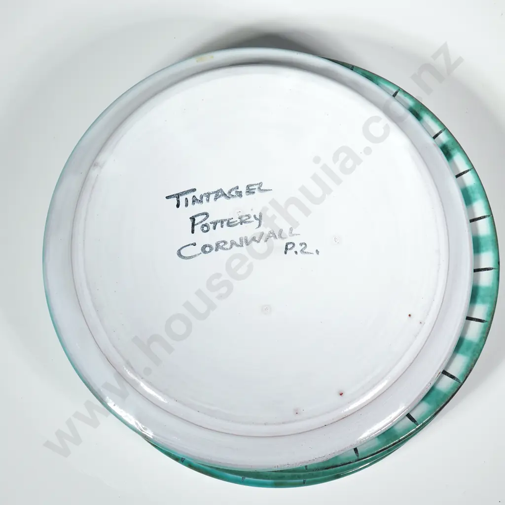 Four Tintagel Studio Pottery Plates Hand Painted w Green Dragon Motif, Created in 1948 by a Norwegian Potter Image 1++