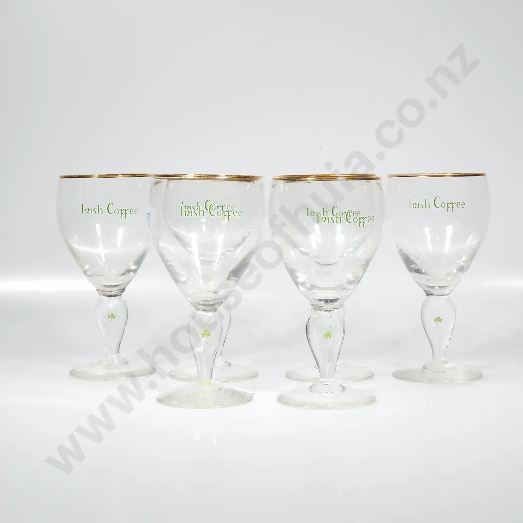 Set of Six Vintage Irish Coffee Stem Glasses w Gold Rim & Green Writing & Shamrock Image 1++